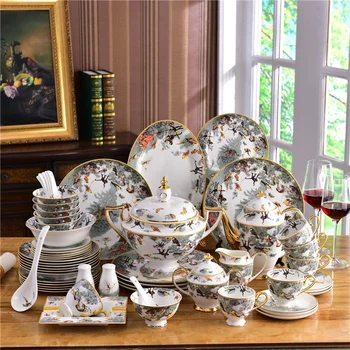 Western ceramic 58pcs Cookware Equator Jungle Series Tableware Set Bone China Bowls and Plates Porcelain Dinner set
