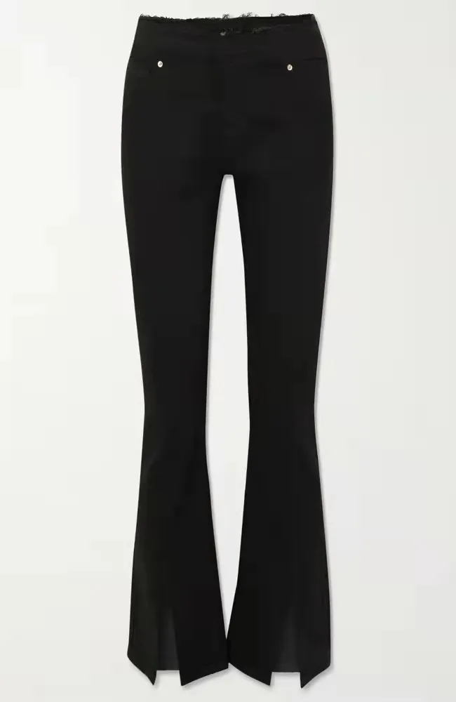 FD002 Autumn Winter Europe and American Burr Edge High Waist Pure Black Front Slit Design  Nine-minute Flare Pants Women