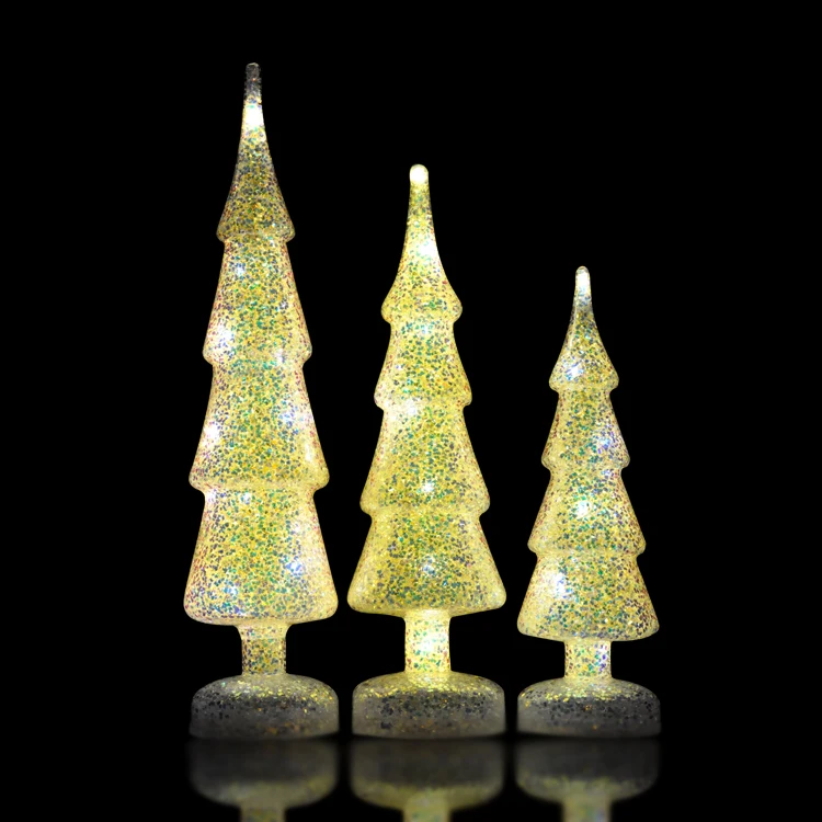 set 3 blown led christmas glass tree with glitters inisde factory direct sale