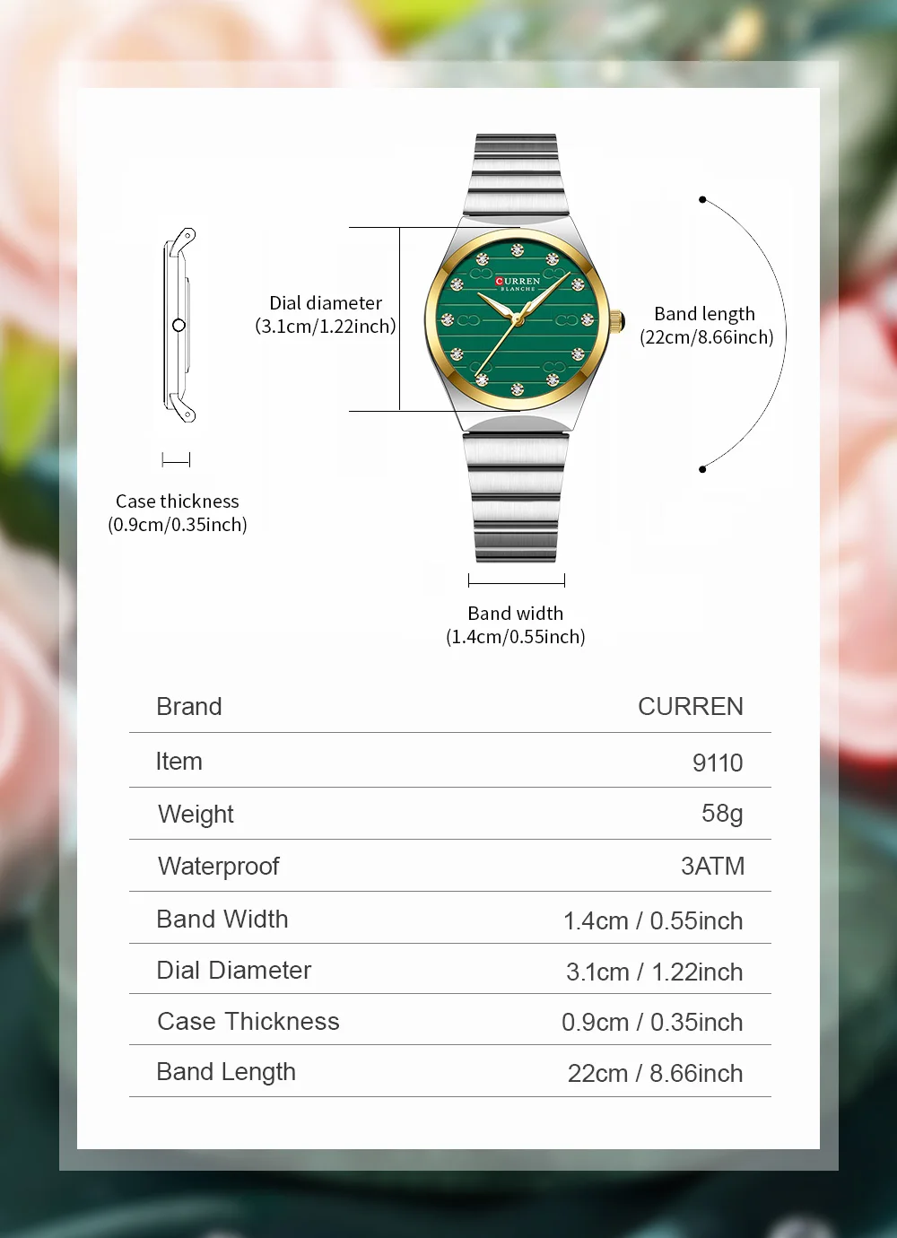 CURREN 9110 Luxury Stainless Steel Watches Female Classic Round Dial Quartz Watch Women Business Wristwatches Wrist Watch