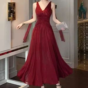 Luxury Custom New Arrival Summer Maxi Dress Rose Red Sleeveless Breathable Casual Sweet Party Dress Sequins Eco-Friendly Woven