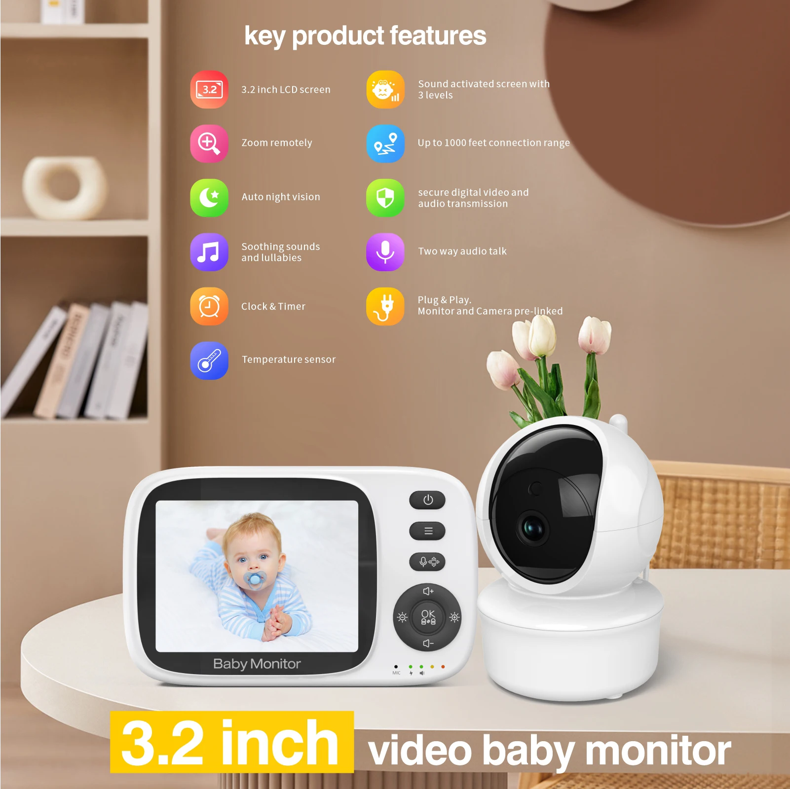 Smartree 3.2 Inch LCD Pan/Tilt Baby Monitor Night Vision Two Way Speak ECO Mode 2100Mah Battery Video Baby Monitor