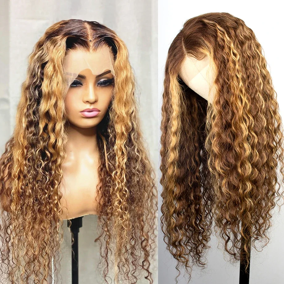 Parrucca riccia con capelli umani Ombre Brasiliana Deep Water Wave Hd Frontale Parrucche frontali in pizzo biondo miele_voghion.com