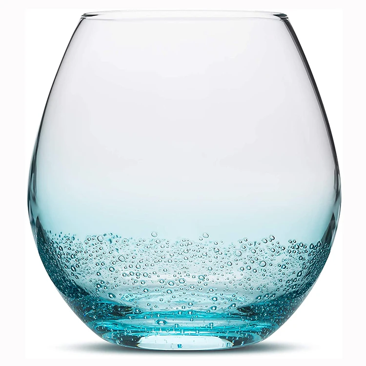 Custom Spray Blue Color Round Hand Made Unique Wine Glasses Stemless Wine Glass With Crack Design Bottom