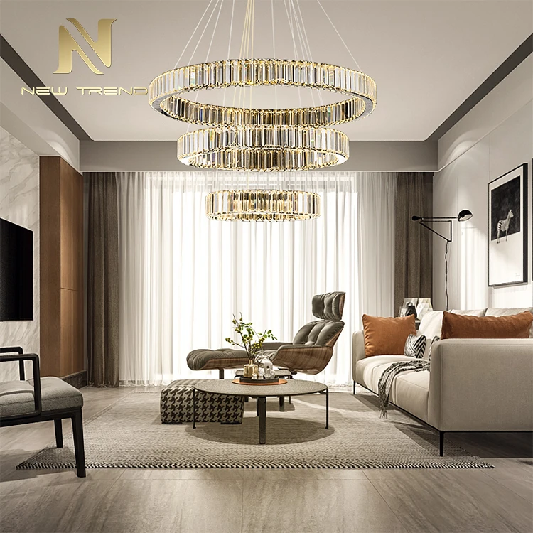 Contemporary Design Ceiling Pendant Lamp Support Custom Crystal Rings Led Chandelier
