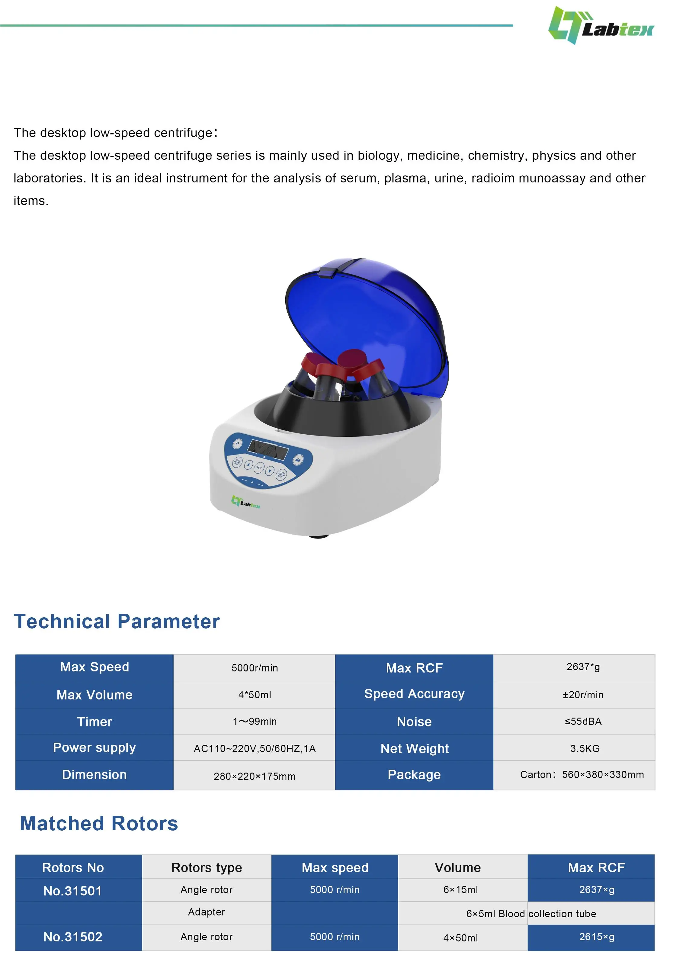 LABTEX 5000rpm Portable Desktop Low Speed Centrifuge