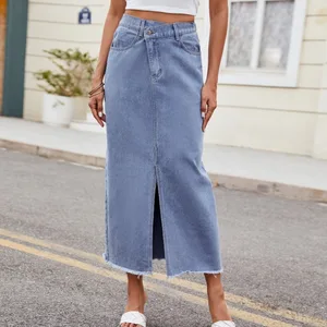 Women's Elegant Casual High Waist A-Line Skirt Snow Washed Denim Long Split for Summer Streetwear Elegant Sweet Style for Winter