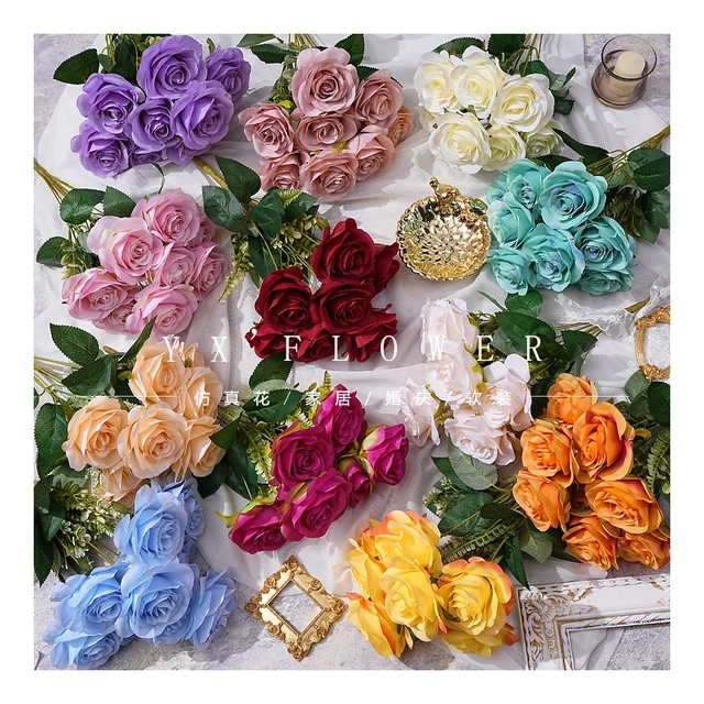 Simulation of 9-head round rose European-style bouquet holding flowers wedding hotel decoration props road guide artificial rose