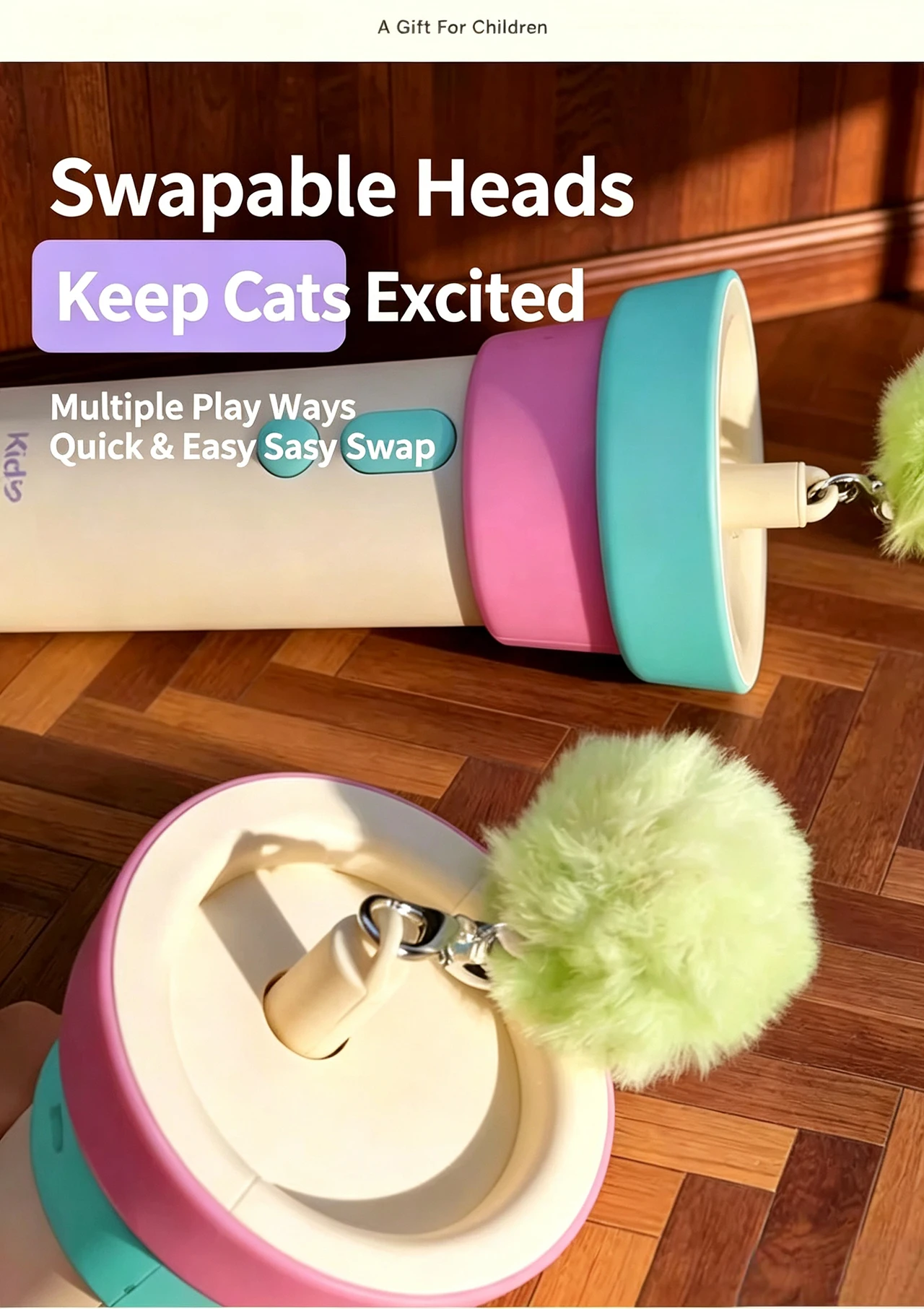 product electric automatic cat fishing toy retractable pom pom launcher hands free teaser wand boredom relief interactive kitten-4