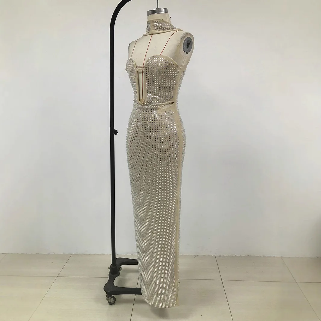 Oem Factory Low Moq Custom Elegant Womens Clothing Hot Drilling Rhinestone Halter Luxury Party Dresses Long Evening Gowns