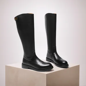 Women's Cowhide Leather Long Tube Boots with Thick Heel and Sole Color Blocked Fashion Design Slim Knight Style for Winter