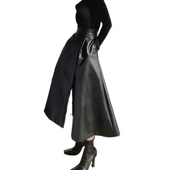 Free Shipping Manufacture Women Autumn Winter PU Faux Black Leather Skirts Lady High Waist A-line Midi Black Long Skirt