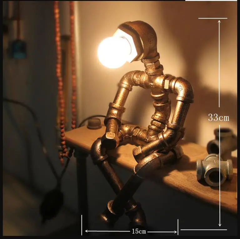 Steampunk Robot Water Pipe Desk Lamp - Vintage Industrial Table Light, E26 Bulb