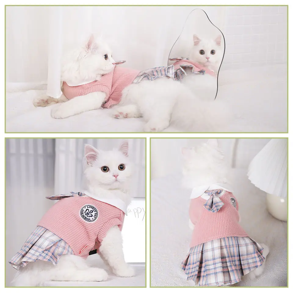 Custom Wholesale Cute Knit Cat Dog Clothes Pet Jk Plaid Skirt Lovely ...