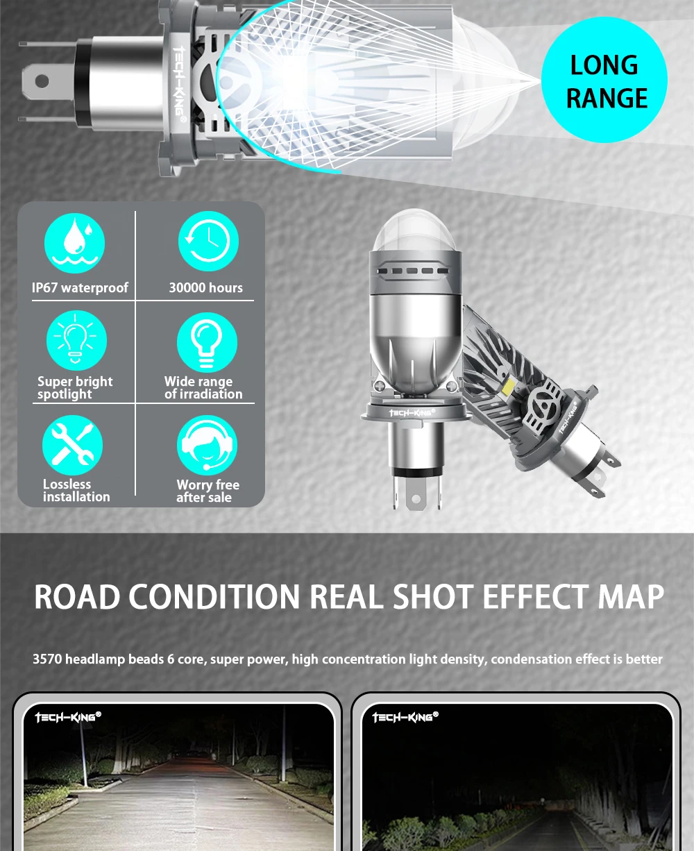 TECH-KING Plug And Play Lens H4 Super Bright Canbus 90W 6000K Mini Bi-Led Projector Lens High Low Beam Car Led Headlight bulb