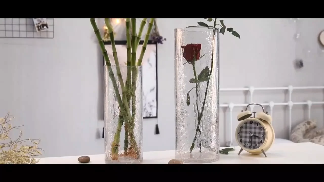 Wholesale Cheap Clear Glass Cylinder Vases Thick Tall Crackle Glass Flower  Vase for Wedding Decoration, image size:1280x720