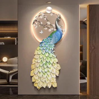 Luxury Peacock Wall Art Decoration Painting LED Light Still Life Wall Painting Crystal Diamond Wall Decoration Living Room