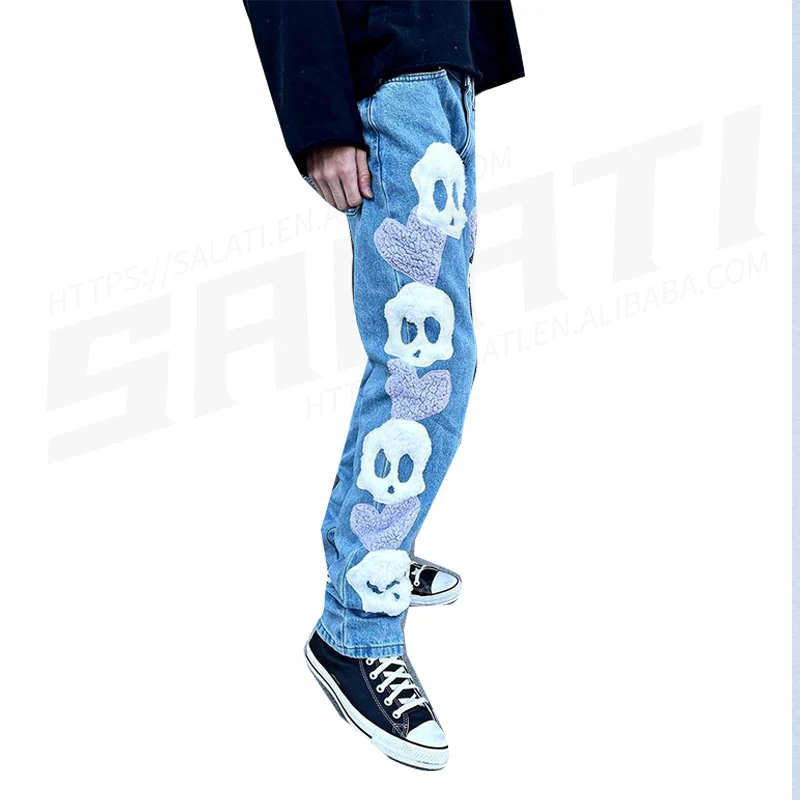 Custom Streetwear Trousre Cotton Fluffy Embroidery Patch High Wais Stretch Button Mens Denim Jeans Pants gallery 4