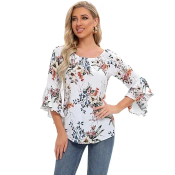 Woman's New Arrival Summer Off Shoulder Marilyn Neckline Printed Floral Rayon Mandarin Flare Sleeve Blouse