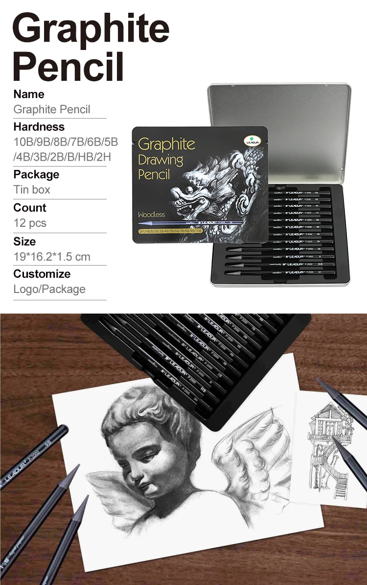 12pcs Professional sketch drawing art pencil set (sizes 8B to 2H