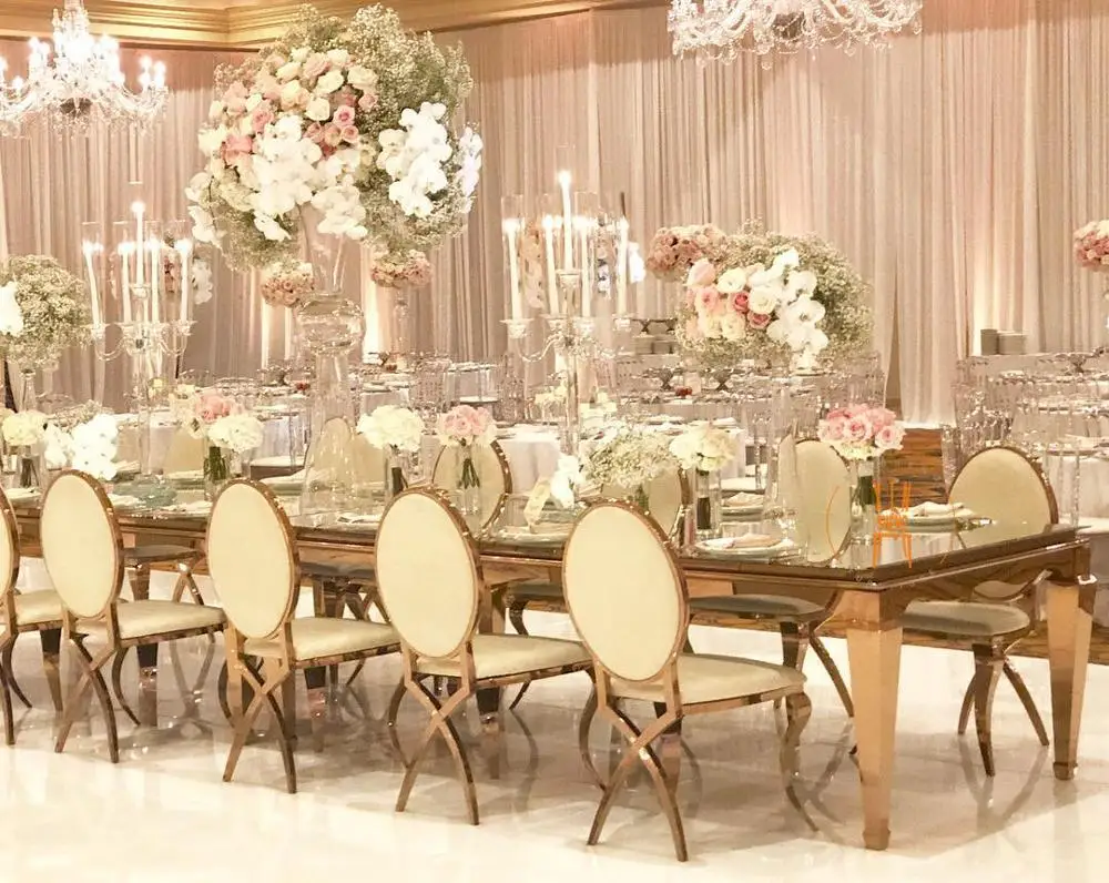 New Design Mirror Glass Top Stainless Steel Wedding Rectangle Dining Table