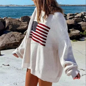 Custom Size Casual Women's All-Season Loose Knitted Pullover New USA Flag Pattern Autumn Winter Clothing