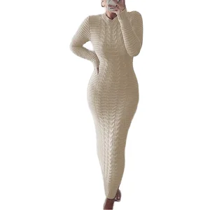 Customize New Stylish Women Autumn Plain Dyed Natural Knitted Solid Long Sleeve Maxi Dress Casual Sweater