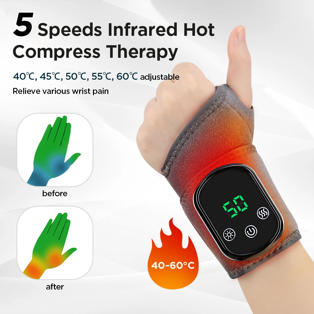 USB Rechargeable Electric Heating Vibration Wrist Wrap Massage Belt Hot Compress Hand Massager