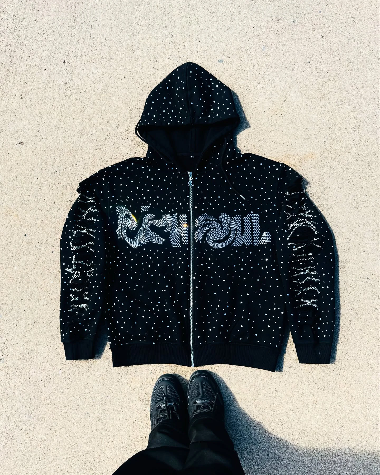 Custom Mens Cropped Zipup Hoodie Crystal Rhinestones All Over Hoodies Distressed Logo Baggy Boxy Zip up Rhinestone Hoodie gallery 7
