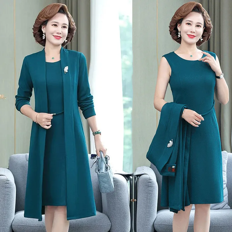 2 piece dress set older ladies Two for Middle-aged and Elderly Women Mother's Temperament, New Style Coat Été 2024