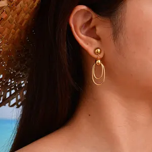 Women Stainless Steel Non Tarnish 18k Gold Plated Big Geometric Charm Dangle Earrings Exaggerated Double Oval Pendant Earrings