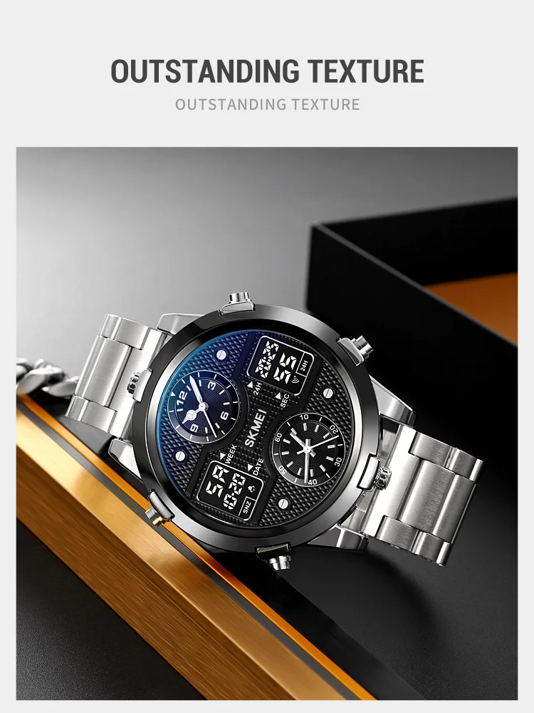 SKMEI 2212 Dual Time Zone Men's Digital Sports Watches Stainless Steel Strap Led Waterproof Alarm Clock 12/24 Hour Wristwatch