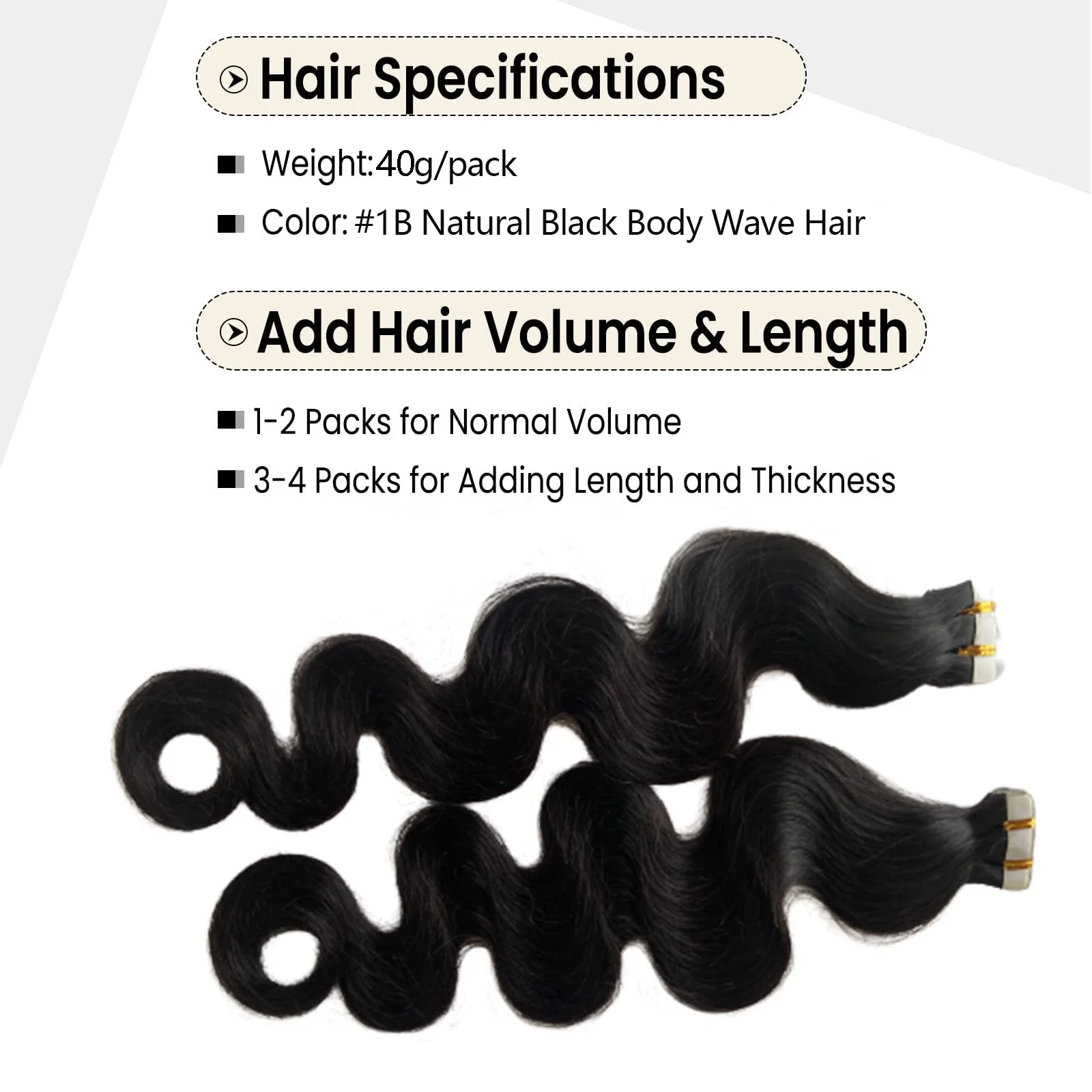 Bantlı İnsan Saçı Uzatma Vücut Dalgası Brezilya Remy Saç Doğal Siyah #1B_voghion.com