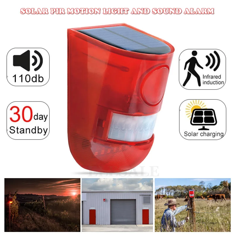 Solar Infrared Motion Sensor Alarm With 110db Siren Strobe Light for Home Garden Carage Shed Car Van Security Alarm System