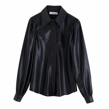 cs986 women plain color puff sleeve turn down collar pu leather blouse chic stylish basic shirts tops