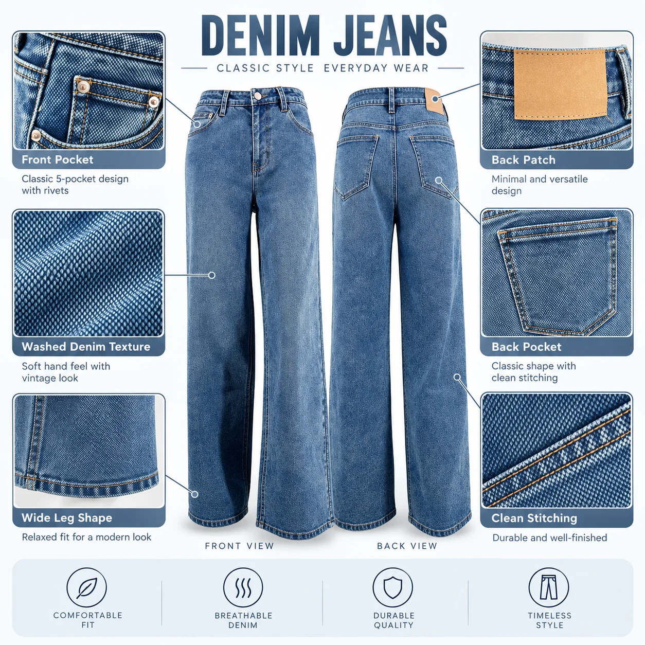 Women's High Waist Wide Leg Jeans Medium Wash Denim Pants With Straight Loose Fit Casual Baggy Trousers