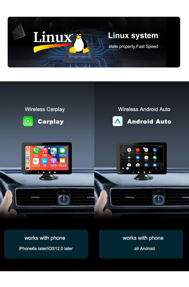 7 Inch Portable Linux Carplay Android Auto Phone Link IPS Screen Car Tablet