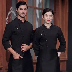 Autumn Winter Men's  Chef Workwear High-End Fleece with Printed Three-Quarter Sleeve Twill Restaurant Bar Uniforms