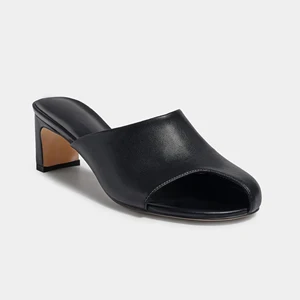Comfortable Black Leather Peep-Toe Block-Heel Mule Sandals Height Increasing Feature for Casual & Office Daily Wear