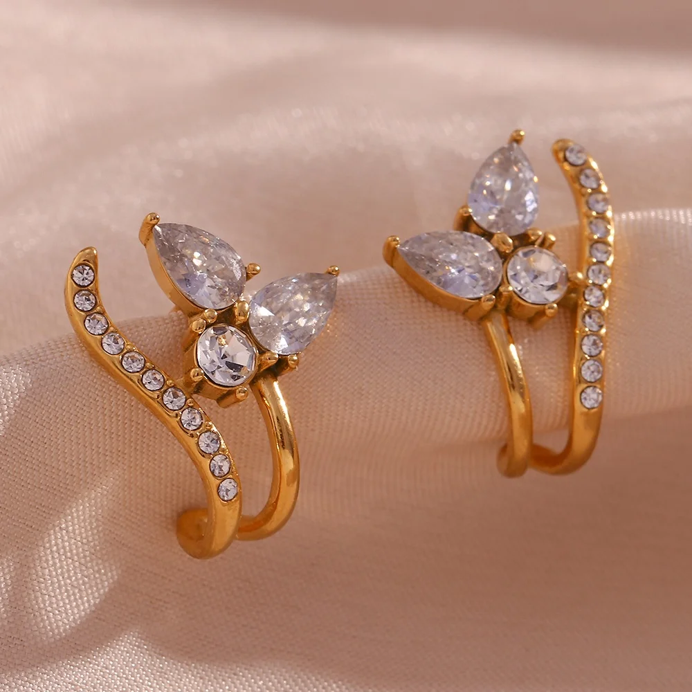 Water Proof Jewellery Flower Aaa Zircon Stud Earring Pvd Gold Plated