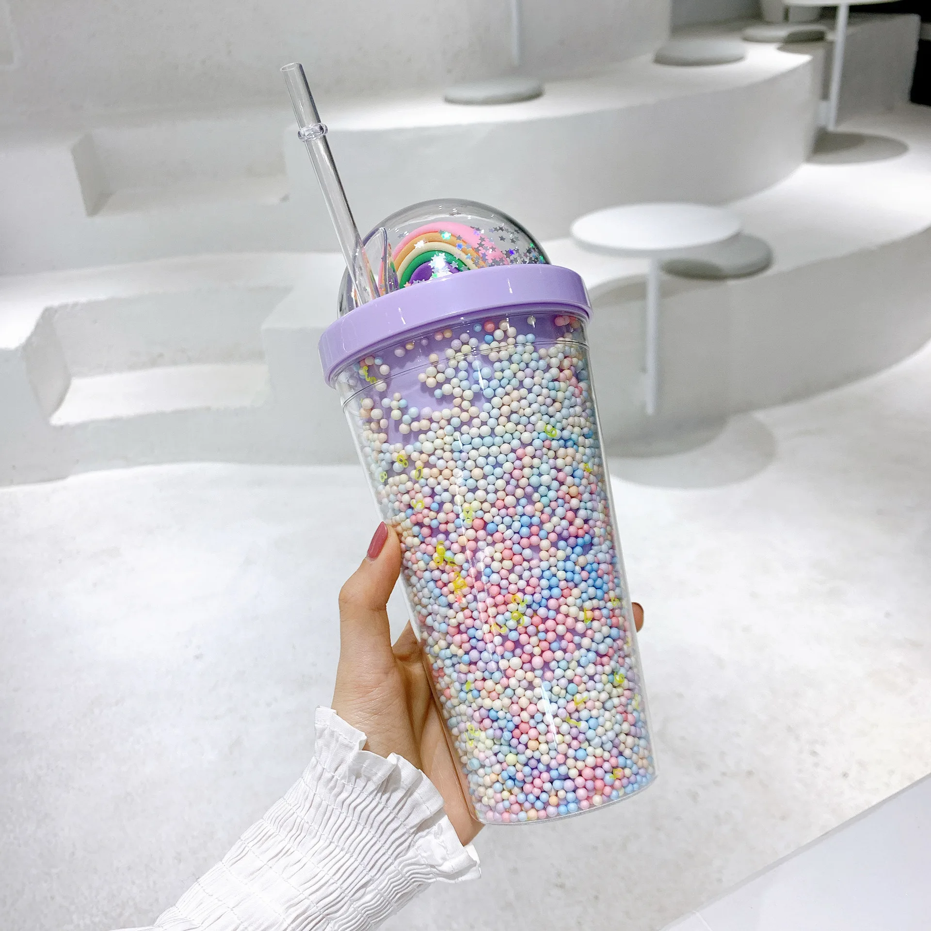 Reusable Boba Tumbler With Lid and Straw- Iridescent Cups, Glitter