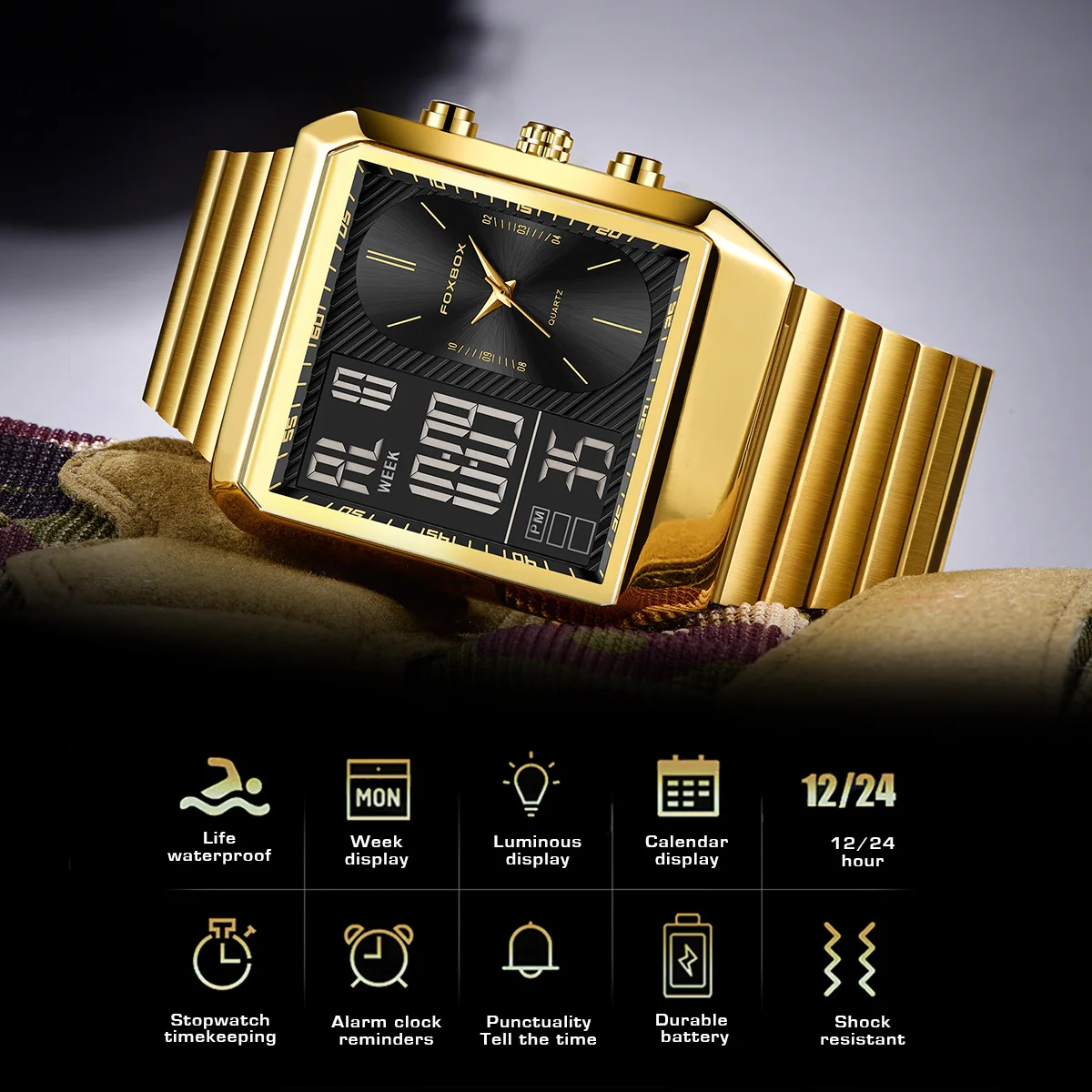 FOXBOX Luxury Gold Black Man Electronic Watch - Dual Display