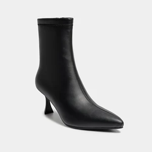 Women's Stylish Black PU Ankle Boots Breathable Zip Formal Work Pointed Toe Stiletto Heel Korean Fashion Classic for Autumn