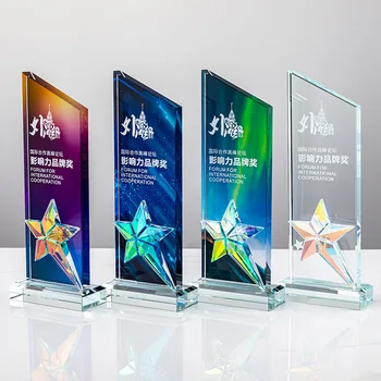 Rainbow Star Crystal Glass Sports Trophy Polished Awards Plaque with UV Printing 4-Color Nautical Style