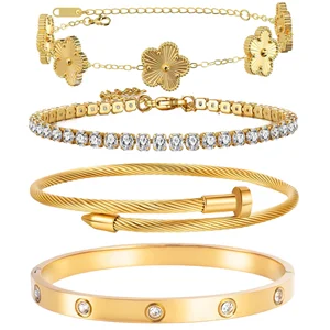 Fashion Zircon Love Five Clover Tennis 316L Stainless Steel 18K Gold Plated Classic Women's Party Bangle Bracelets Four Piece