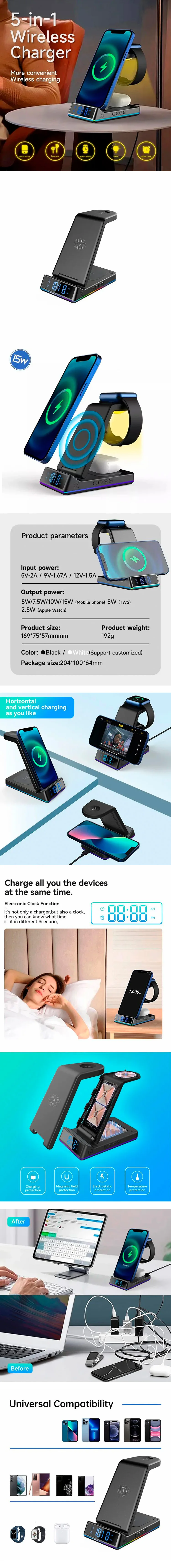 Most Selling Product in alibaba 15W Fast Charger with Clock 3 in 1 Wireless Charger for Smart Watch Earphone Mobile Phone Z6
