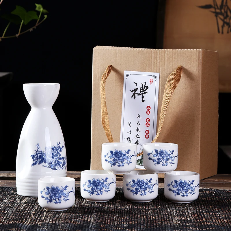 Blue and White Maya Star Japanese Sake Set Sake Cup Set Traditional Hand Painted Design Porcelain Pottery Ceramic Wine Glasses