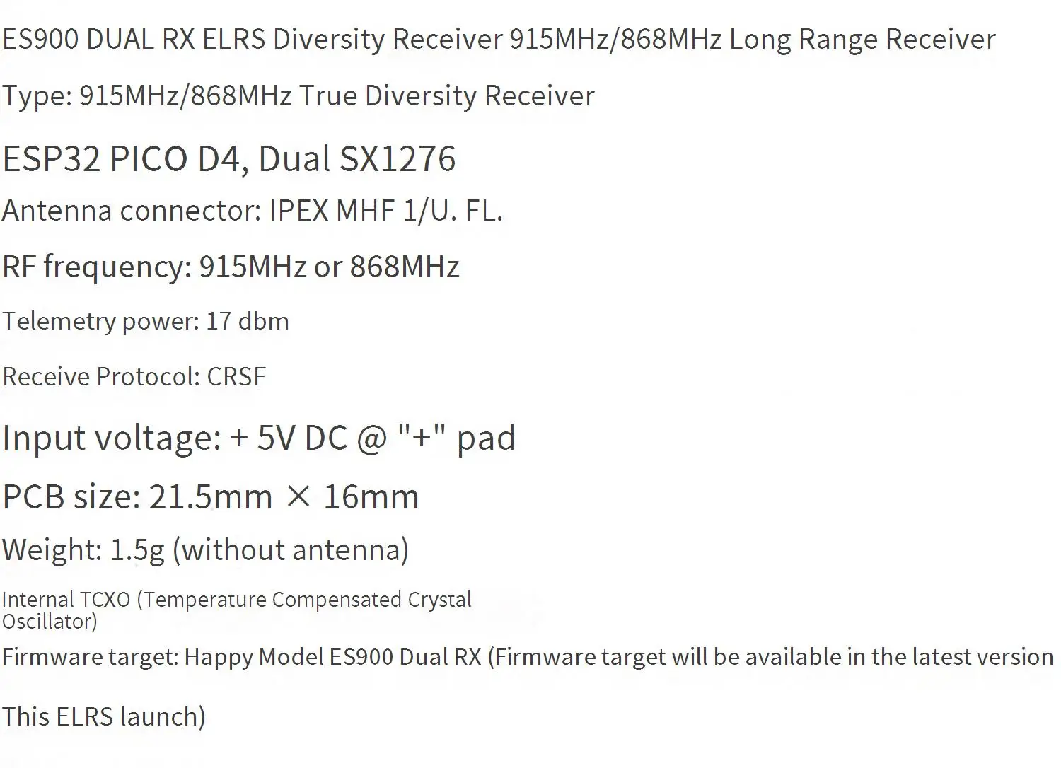 Happymodel ES900 Dual RX ELRS Diversity Receiver 915Mhz Mini 2 Air 2 Drone Compatible with Mavic  Model FPV Drone Accessories