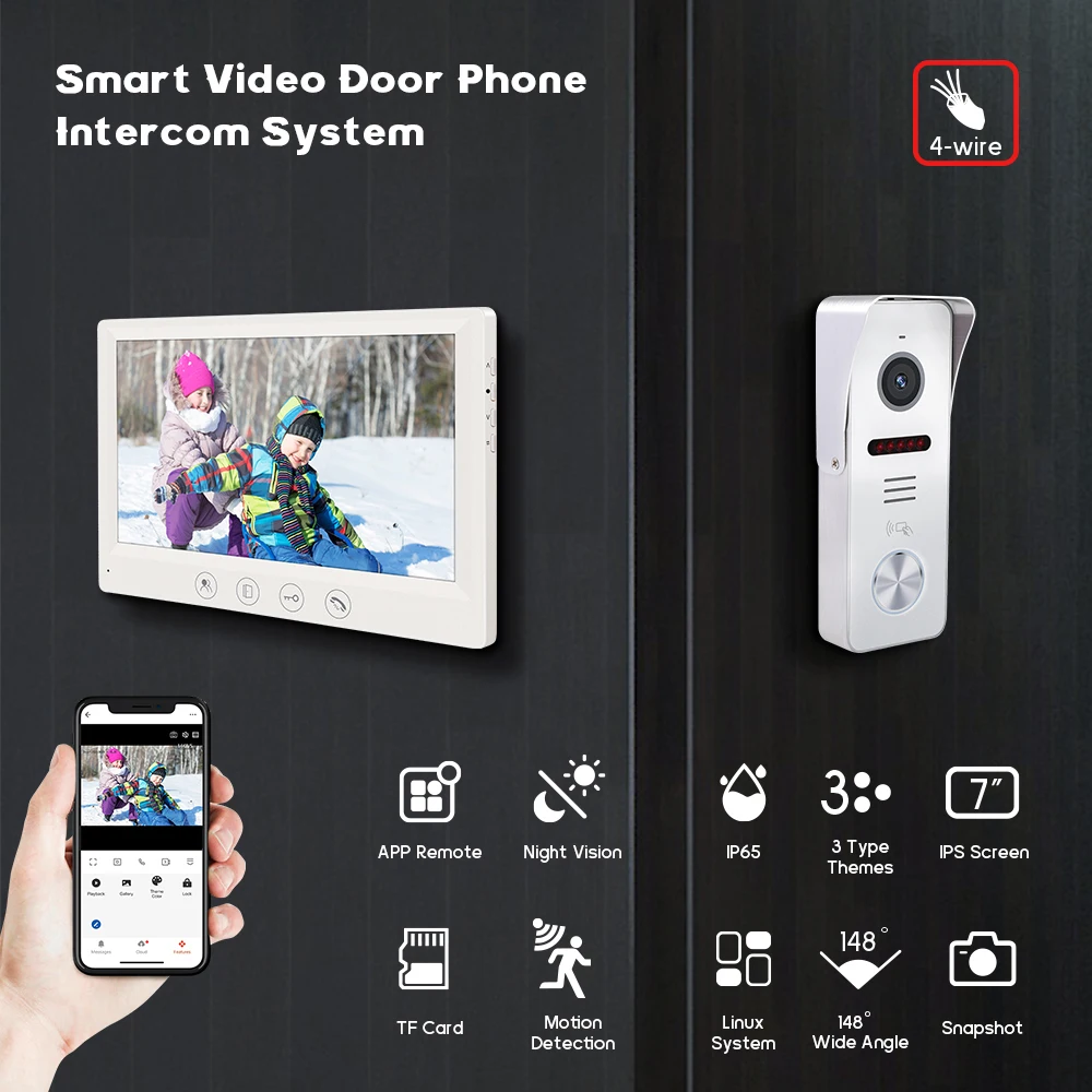 Video Door Phone Doorbell Wired Video Monitor 7" Wired Door
