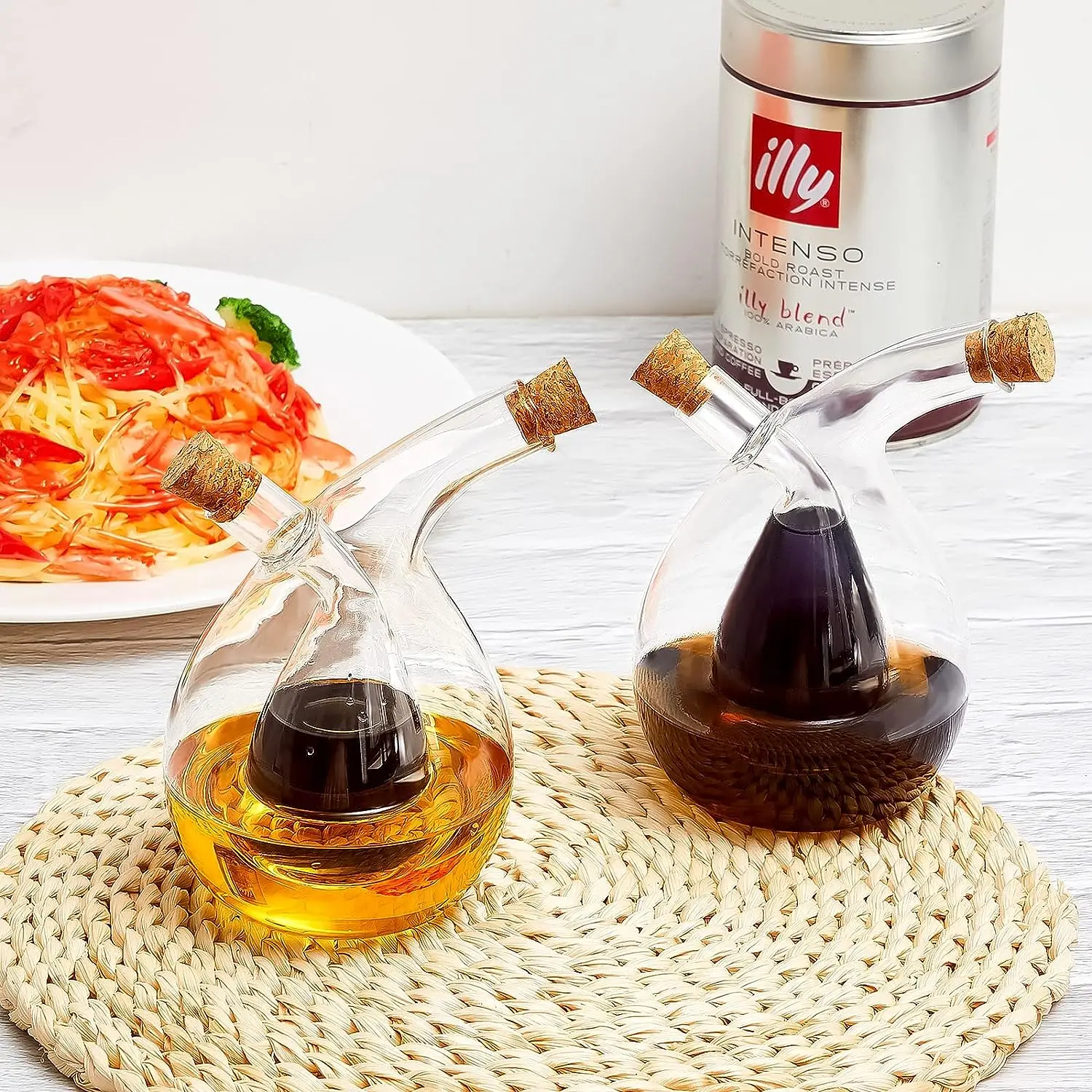 Set VINATO 2 Dispenser Per Olio E Aceto Con Vassoio In Bambù – 500 Ml, Pompa BPA-free, 36 Etichette E Imbuto
